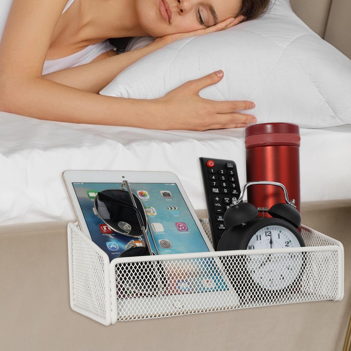 Bedside Shelf Bunk Bed Organizer Shelf Hanging Storage Metal Basket Phone Holder for Bedroom,Dorm,Office - Easy Use for Both Adult and Kids (White)