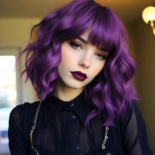 Amyqueen Dark Purple Short Bob Wigs with Bangs for Women Loose Wavy Wig Curly Wavy Shoulder Length Bob Synthetic Cosplay Wig for Girl Colorful Costume Wigs (Dark Purple)