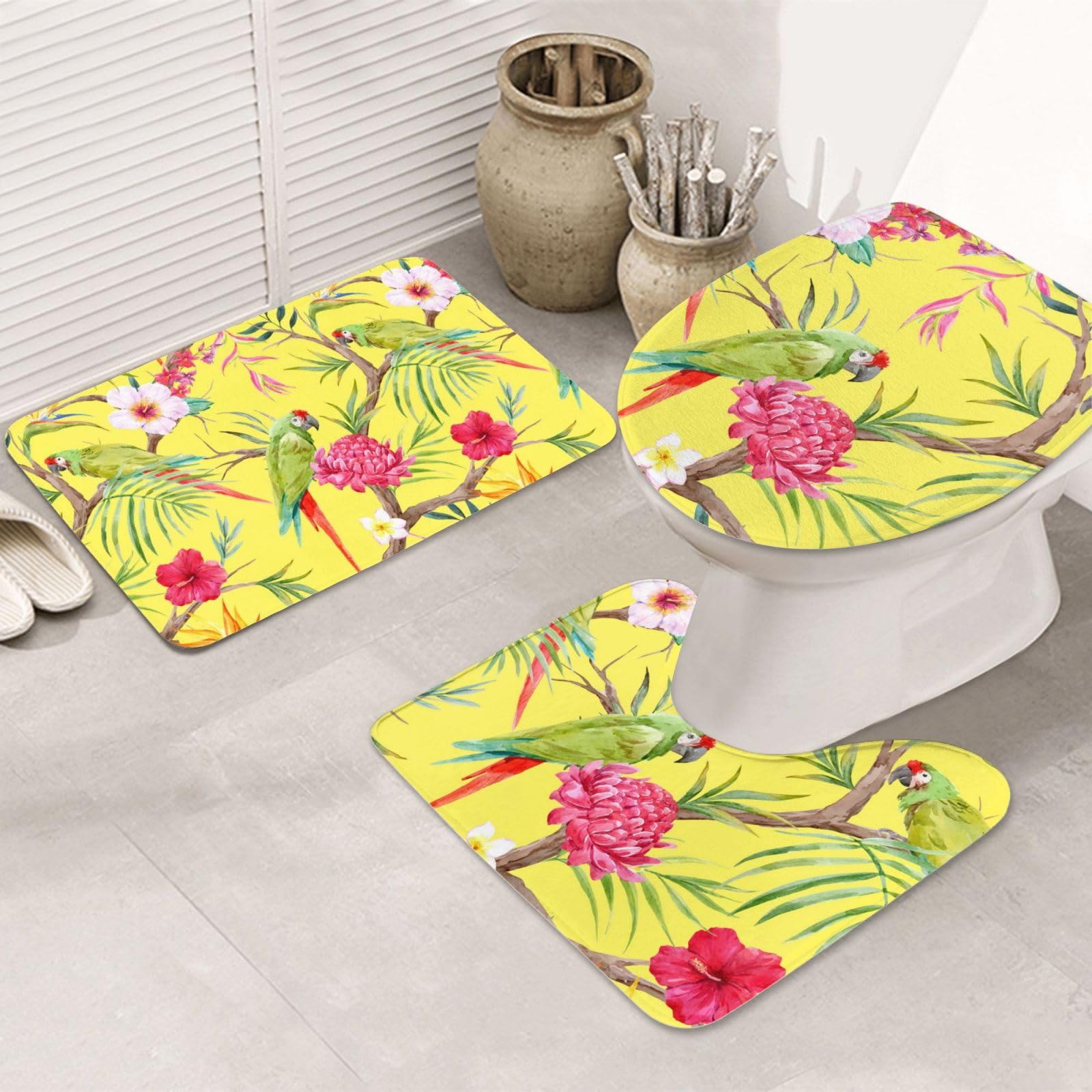 LAMAME Lot de 3 tapis de salle de bain imprimés fleurs et oiseaux - Tapis de salle de bain doux et antidérapant