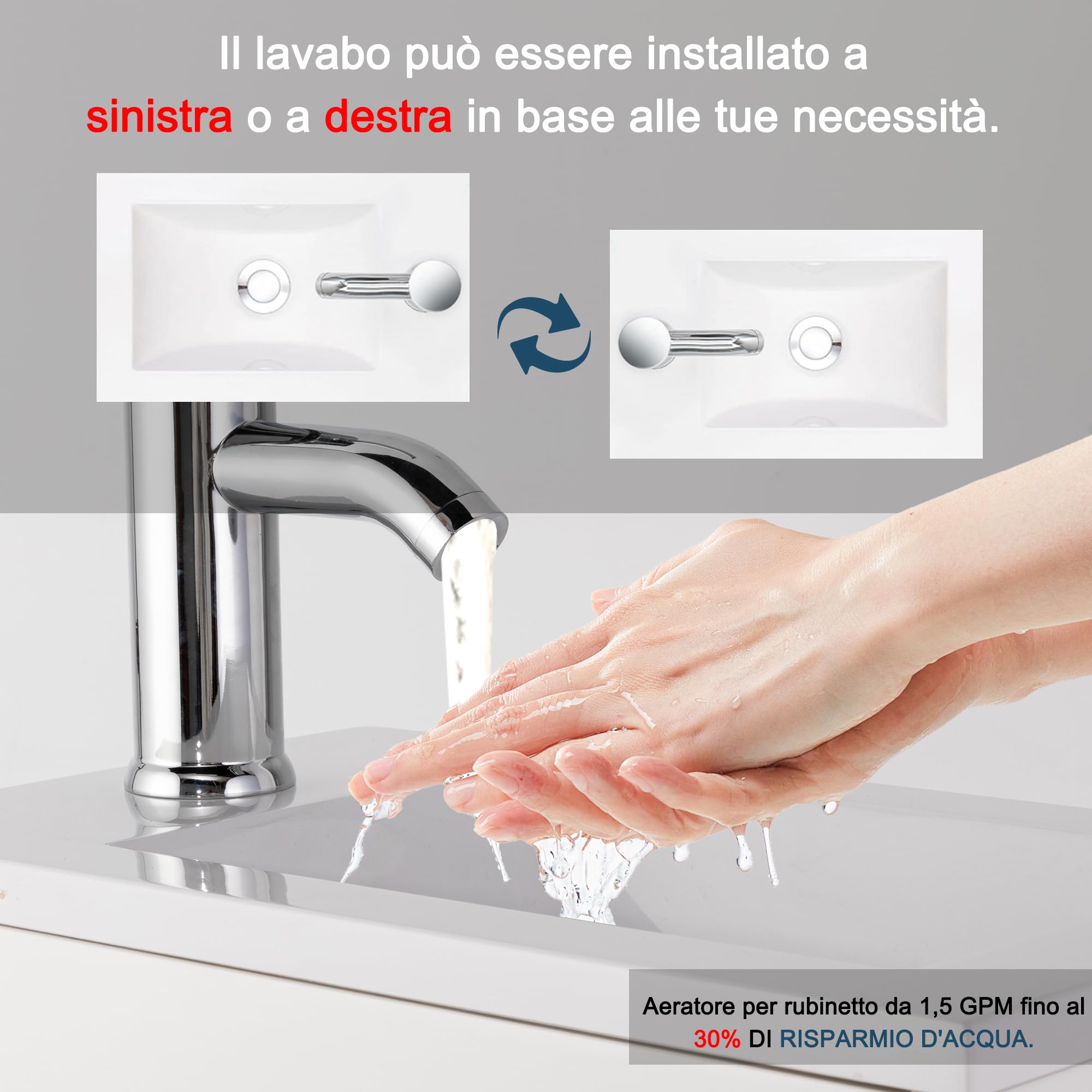 UEV Mobile Bagno con Lavabo in Resina, 41CM Mobili Bagno Salvaspazio Sospeso, Rubinetto Cromato a Risparmio Idrico e Scarico Pop Up, Piccolo, Bianca
