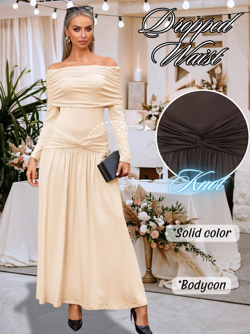 Women's 2026 Spring Off-Shoulder Dress, Floor Length Knot Ruched Scrunch Butt Elegant Prom for Wedding Cocktail - Image 5