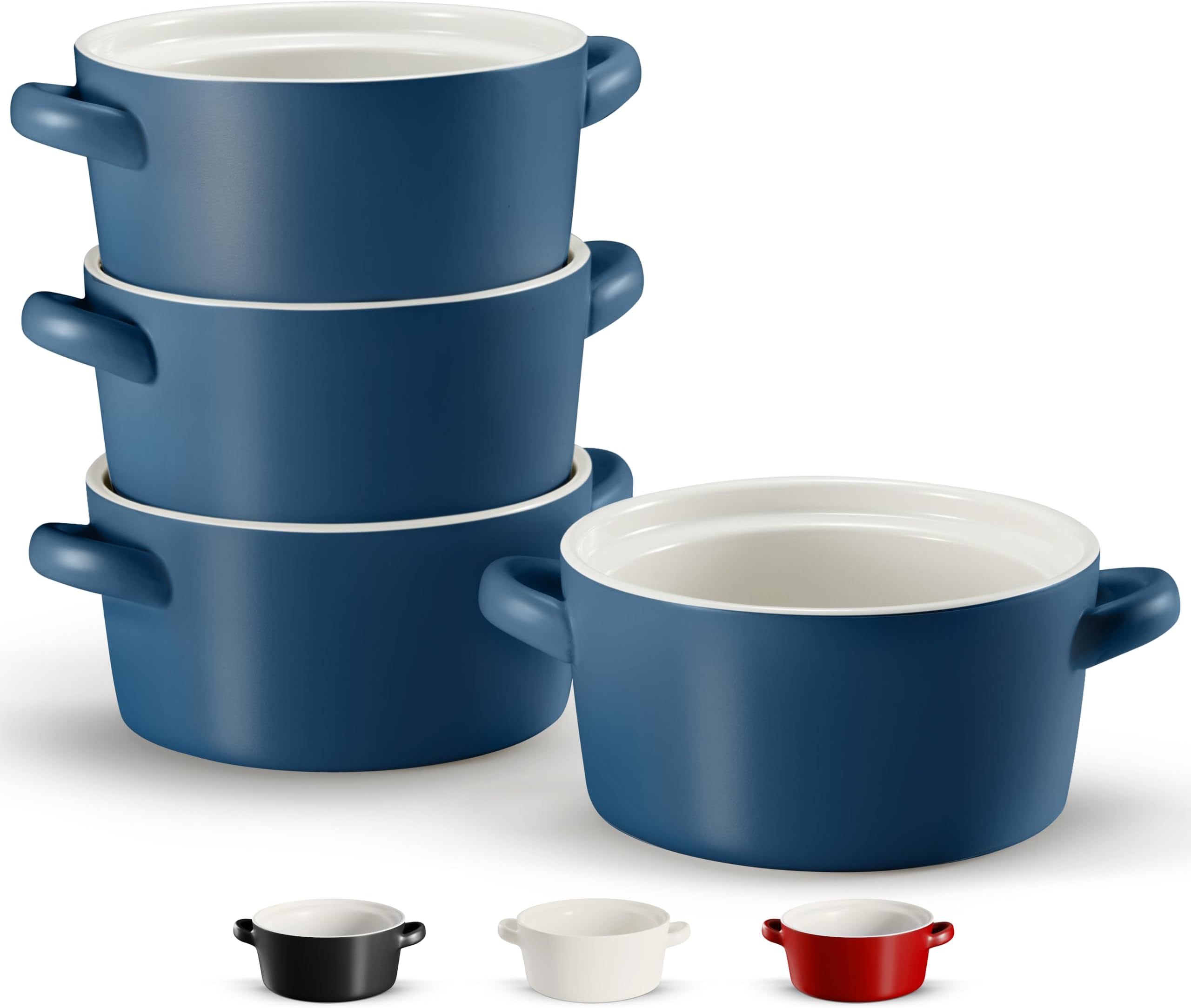 Soup Crocks, Ceramic Stackable Bowls, Broil, Oven, Microwave and Dishwasher Safe, with Handles, For Casserole, Pasta, Cereal, Capacity 18 oz, Set of 4, (Matte Blue)