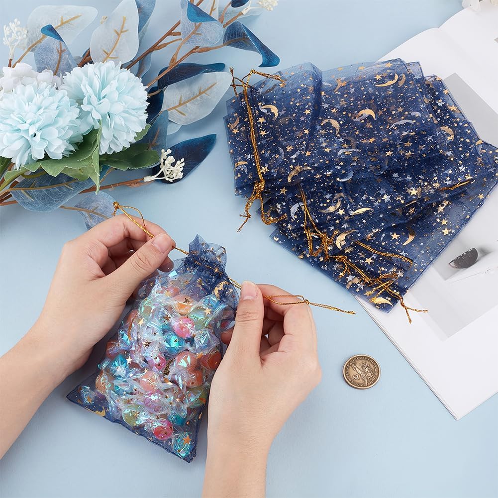 Beebeecraft 50Pcs Moon Star Organza Bags Bulk 4 x 6 Inch Marine Blue Small Sheer Mesh Drawstring Pouches Party Favor Candy Gift Jewelry Pouch for Christmas Wedding Birthday Gifts Packaging Wrapping