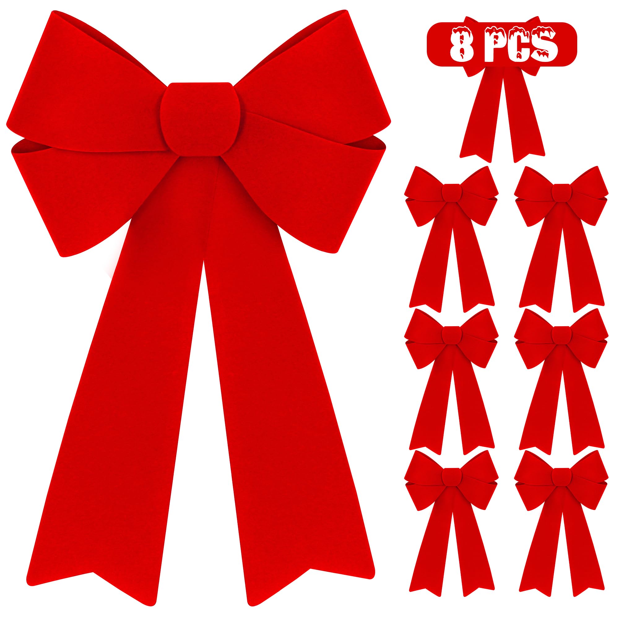 8 piezas de decoraciones de Navidad, lazos rojos de Navidad de 12 x 18 pulgadas, lazos de Navidad grandes de PVC de terciopelo rojo para colgar en exteriores, interiores, decoración de fiesta para