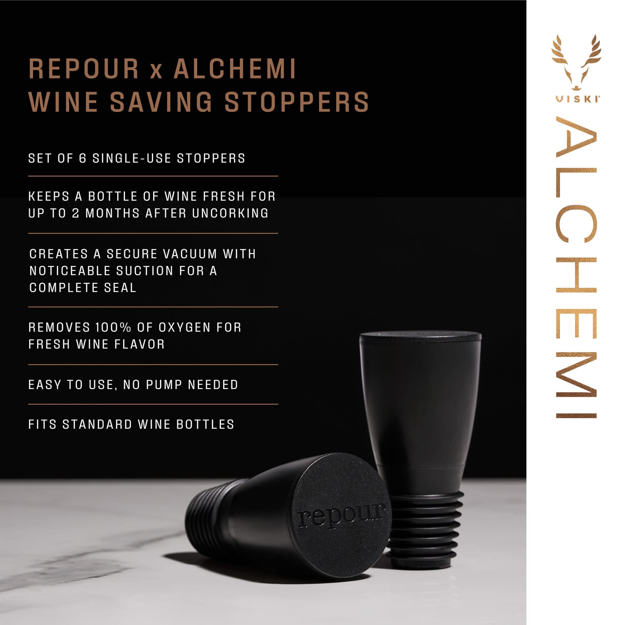 Alchemi Repour Wine Saver Stoppers - Easy to Use Vacuum Seal Stoppers - Removes Oxygen - Set of 6