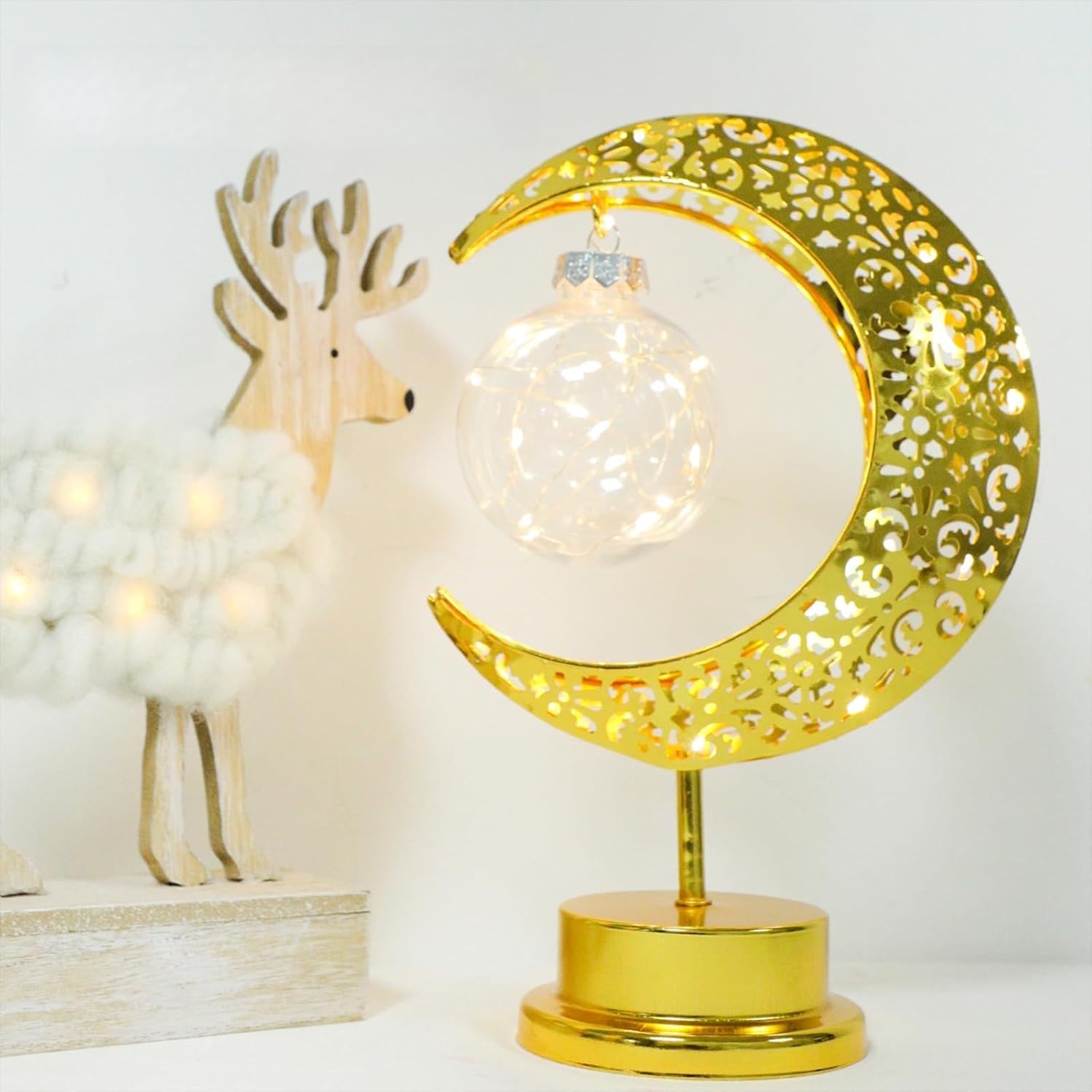 Moon Table Night Light with Hanging Star Ramadan Decorative Lamp Battery Operated Suitable for Home Bedroom Shop Dining Table Holiday Party Eid Festival Decoration (HEMPmoon-WW-Ball)