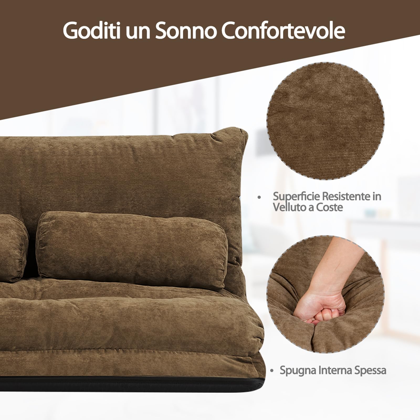 COSTWAY Divano da Terra, Divano Letto Multifunzionale Regolabile in 6 Posizioni con 2 Cuscini, con Fodera in Camoscio per Camera da Letto Salone Balcone (Caffè)