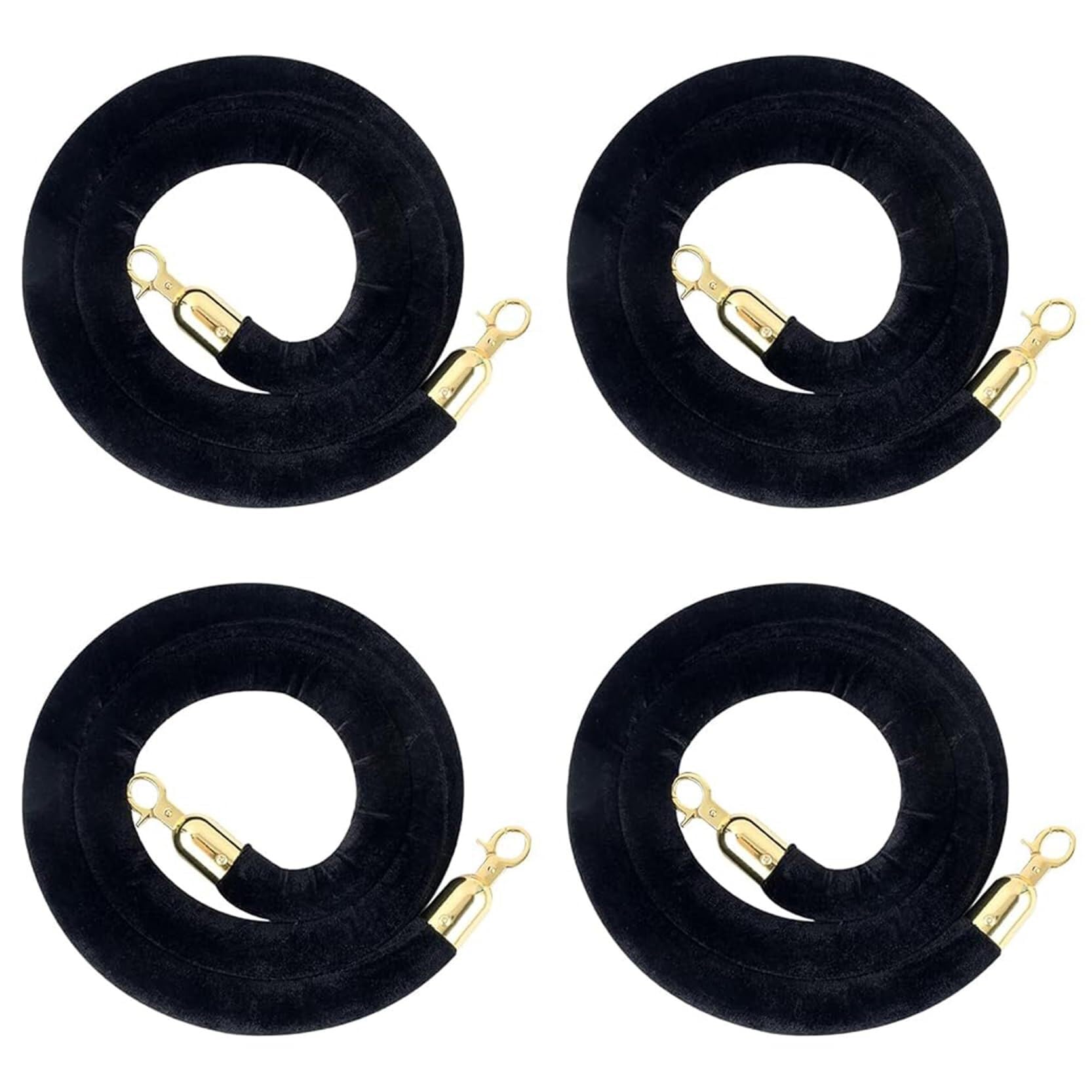4 Pack Black Velvet Stanchion Rope with Gold Hooks - 3ft to 6ft Queue Barrier for Crowd Control and Event Decorations(6ft/185cm)