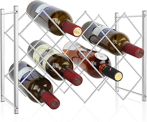 TOBUSA Moderno estante de vino plateado para encimera, soporte pequeño para botellas de vino, 10 botellas de metal independiente, organizador de