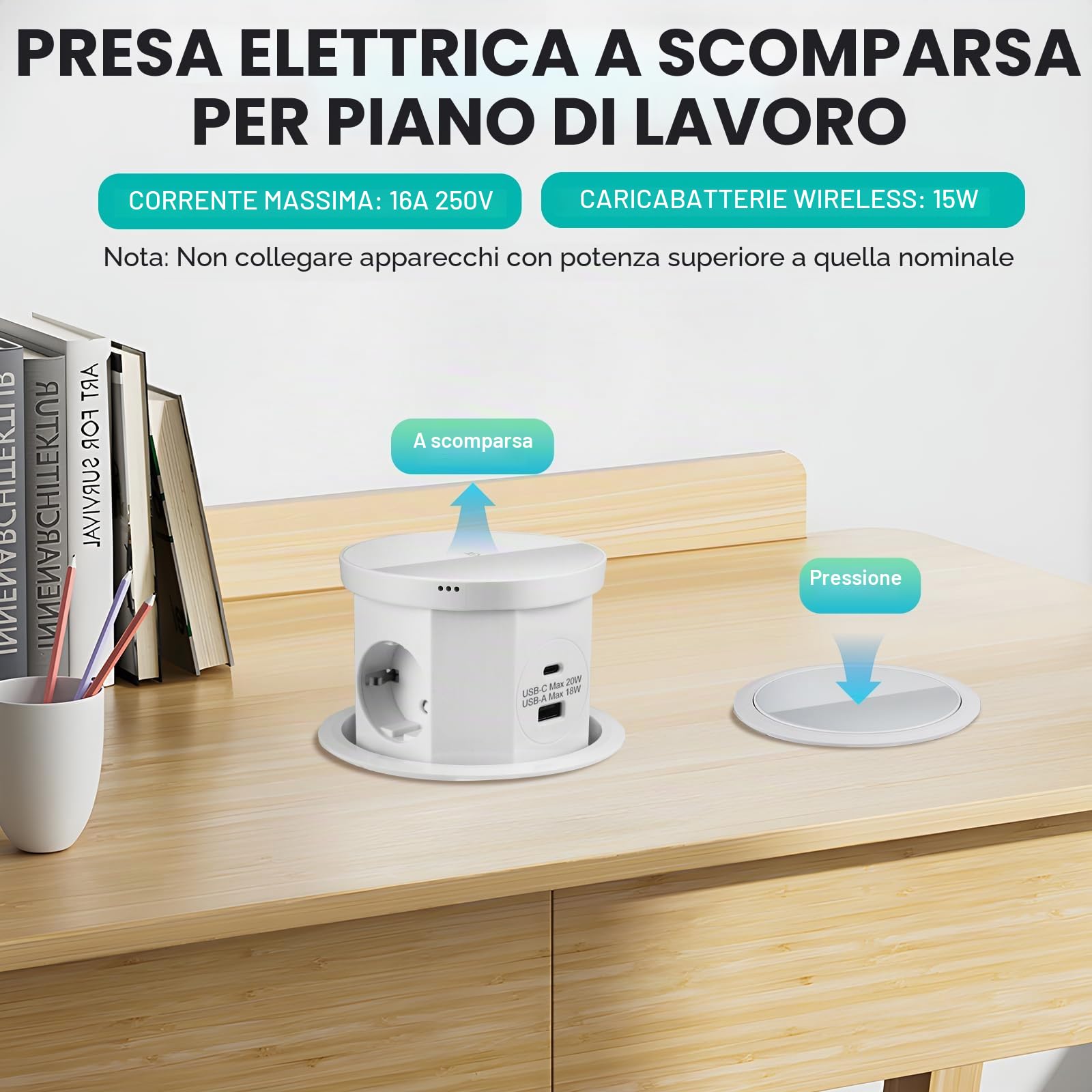 Presa a scomparsa a 3 prese con 1 USB C, 1 USB-A, piano di lavoro da cucina, presa da tavolo a scomparsa con caricatore senza fili, cavo da 1,5 m, per ufficio, cucina, presa da incasso (bianco)