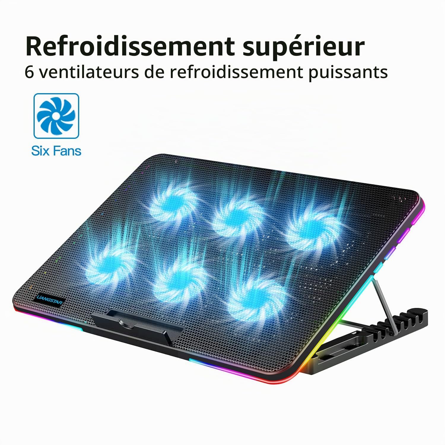 LIANGSTAR Refroidisseur PC pour Ordinateur Portable,10 éclairage RGB Les Modes & 7 Hauteur Réglable, 2 Lndépendant La Vitesse Contrôler, Parfait pour Ordinateur Portable 12-17 Pouces