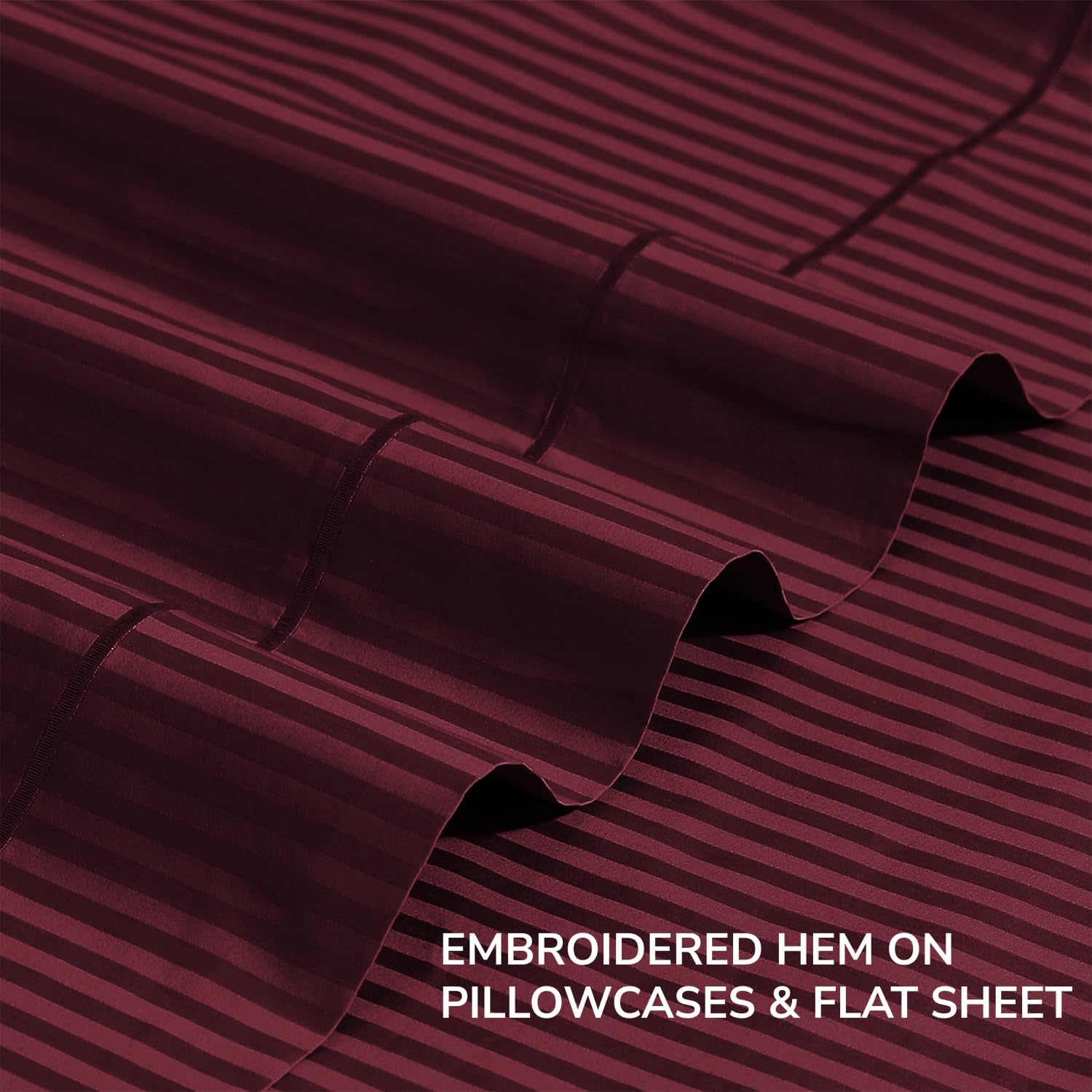 Feather & Stitch 500 TC Full Size Damask Bed Sheet Set, 100% Cotton Soft Breathable Bedsheets, 4 Piece 18" Deep Pockets Sateen Weave Striped Bedding Mattress Resort Hotel Luxury- (Burgundy Stripe)