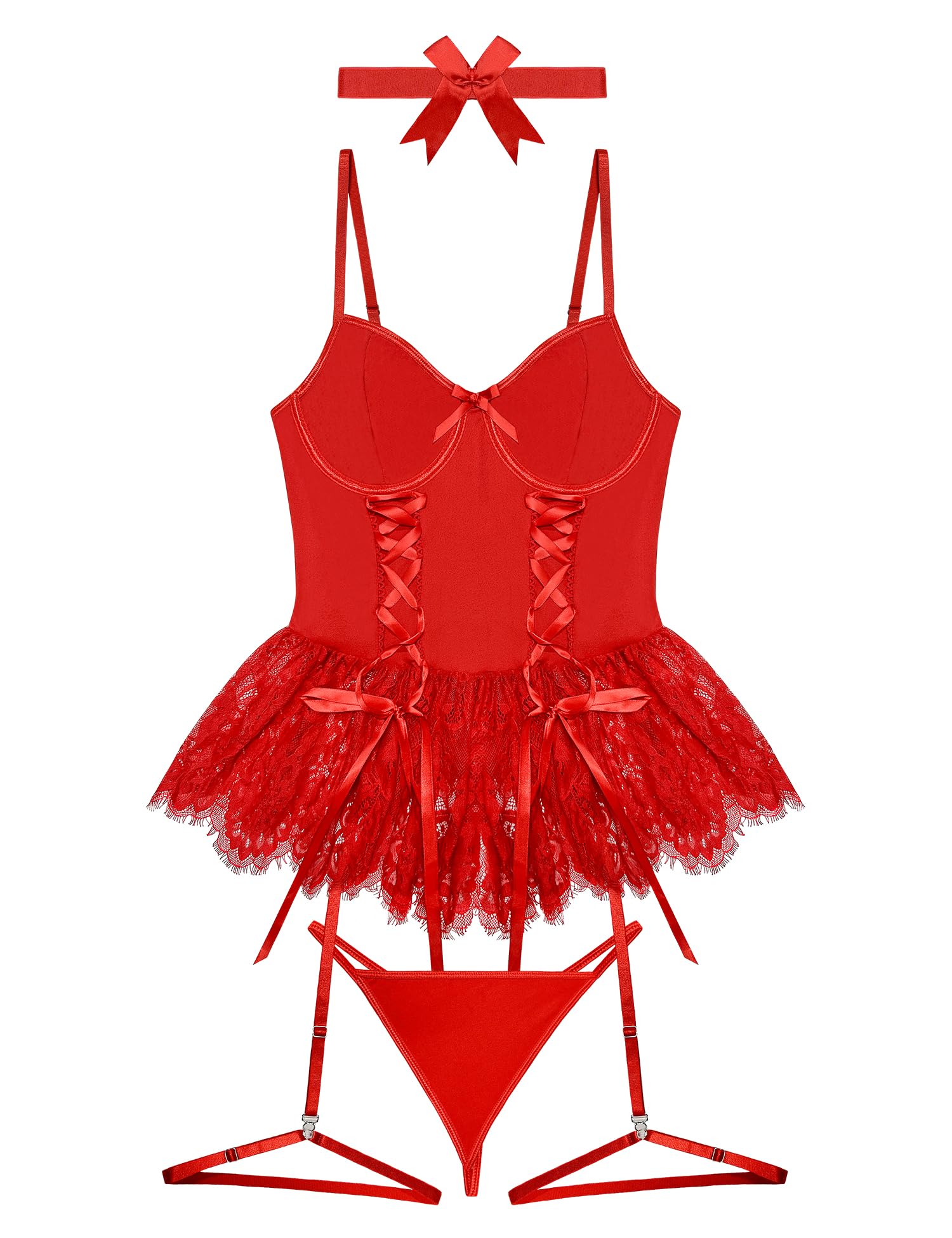 Mixxmix Women Sexy Lingerie Set Naughty Lace Up Corset Bodysuit Underwire Lingerie Babydoll With Garter Belt and Bow Tie: Red XX-Large