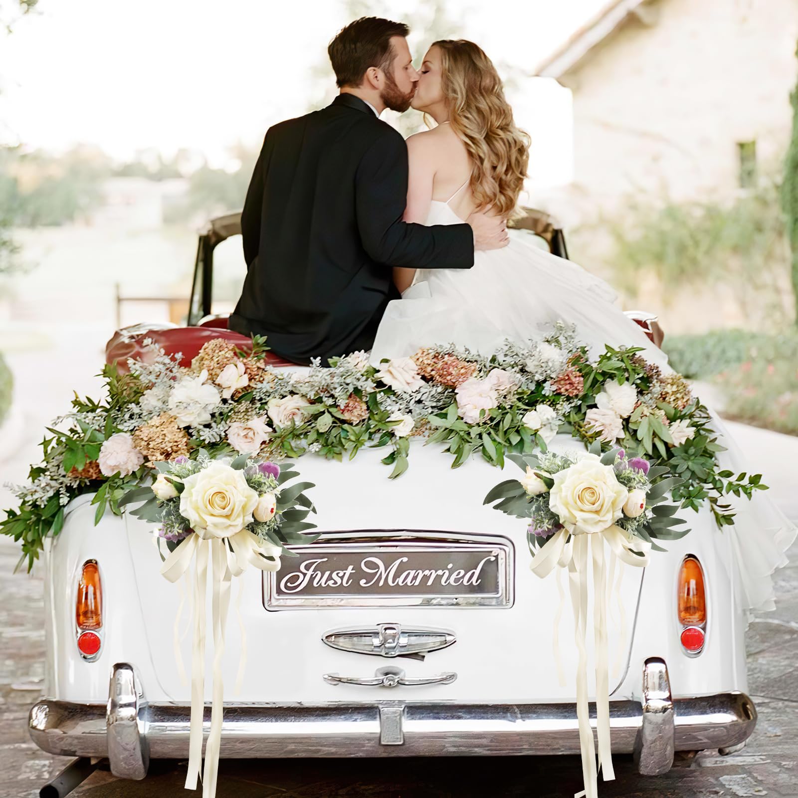 2 piezas de decoración floral para boda en el coche, simulación de flor, lazos para el coche para la boda, decoración de flores para los espejos del coche, asas de las puertas, silla de boda, respaldo