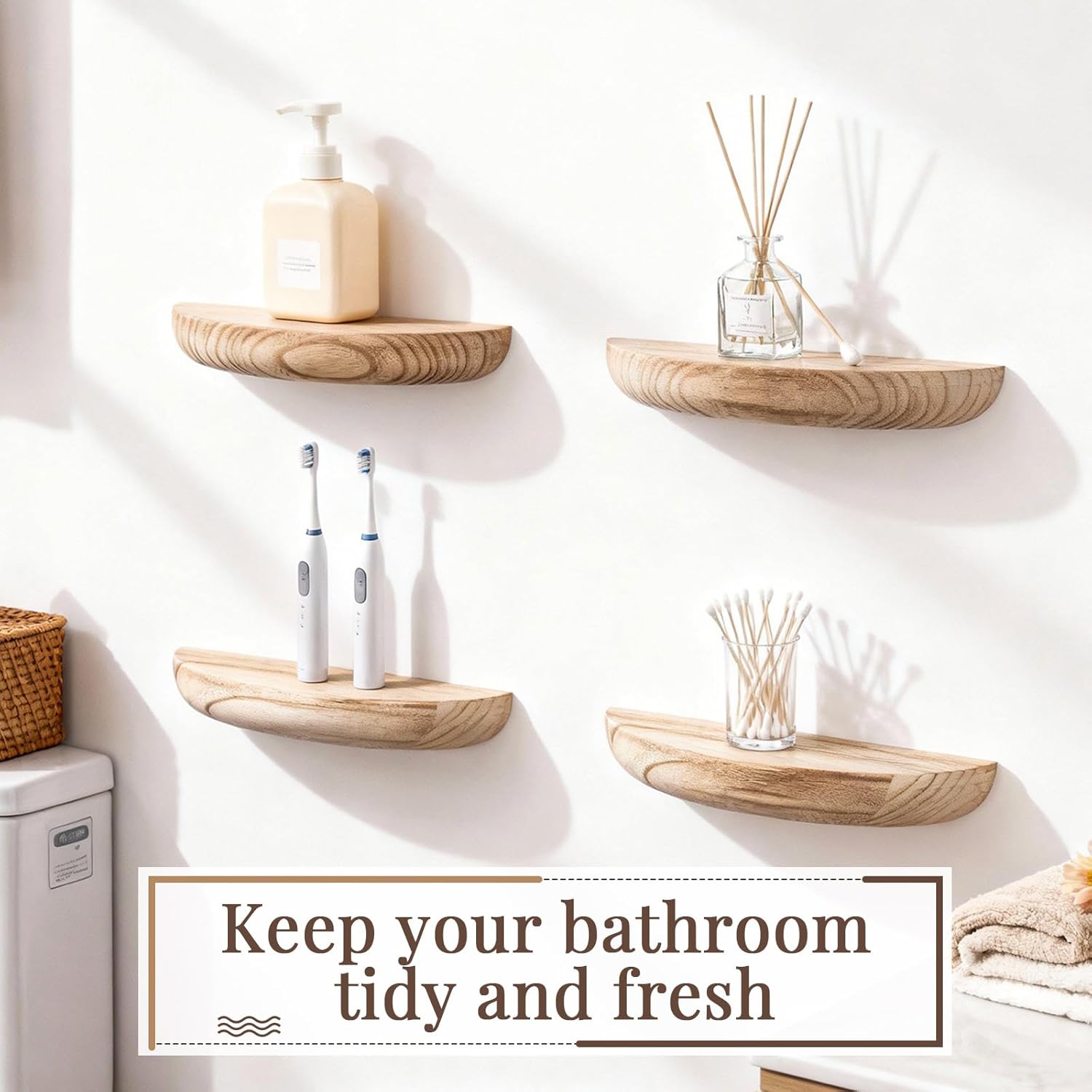 4 Pcs Solid Wood Half Round Floating Wall Shelves, Elegant Floating Wooden Shelves, 8.27 Inch Wall Shelf for Living Room, Bathroom, Bedroom, Offices, Pictures Plant Book(Light Brown)