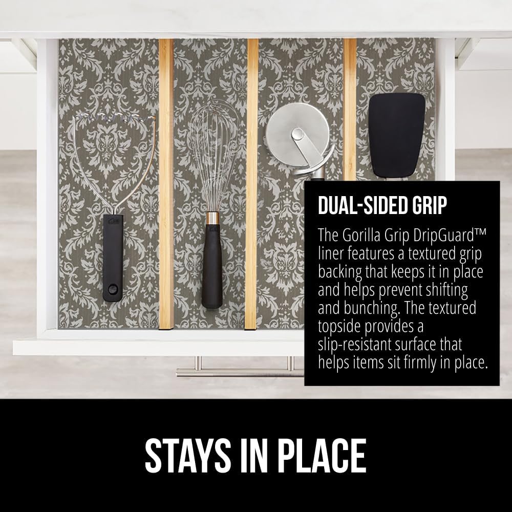 GORILLA GRIP DripGuard Shelf Liner, Non-Adhesive Drawer and Kitchen Cabinet Protector, Strong Grip Slip Resistant Underside, Smooth Surface Liners for Cabinets Bathroom Closets 17.5x120 In Beige Cream
