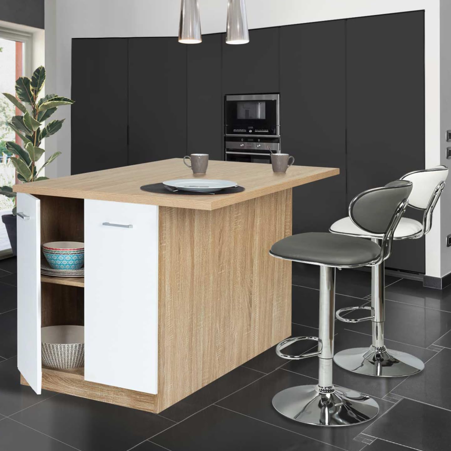 IDMarket - Ilot Central IVO 120 cm Bois façon hêtre Portes Blanches avec Plan de Travail