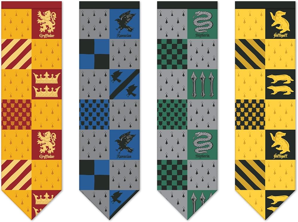 Conquest Journals Harry Potter Small Hogwarts House Quidditch Flags, Set of 4, Polyester, 8'' x 29'', Gryffindor, Slytherin, Ravenclaw & Hufflepuff Banners, Party and Wall Decor, Officially Licensed