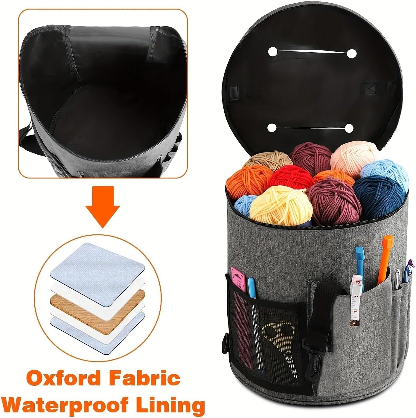 Portable Crochet Bag Large Capacity Crochet Bag Yarn Storage Knitting Needle Organizer Crochet Tote Bag with Front Pocket for Yarn Hooks Needles Knitting Tools Storage Bag(Grey)