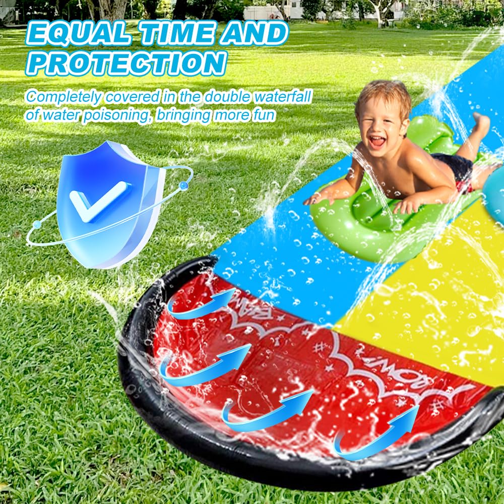 Scivolo d'acqua da giardino per bambini, 6,1 x 1,4 m, scivolo gonfiabile con 2 bodyboard, doppio scivolo d'acqua con irrigatore integrato, giocattolo acquatico per bambini adulti all'aperto