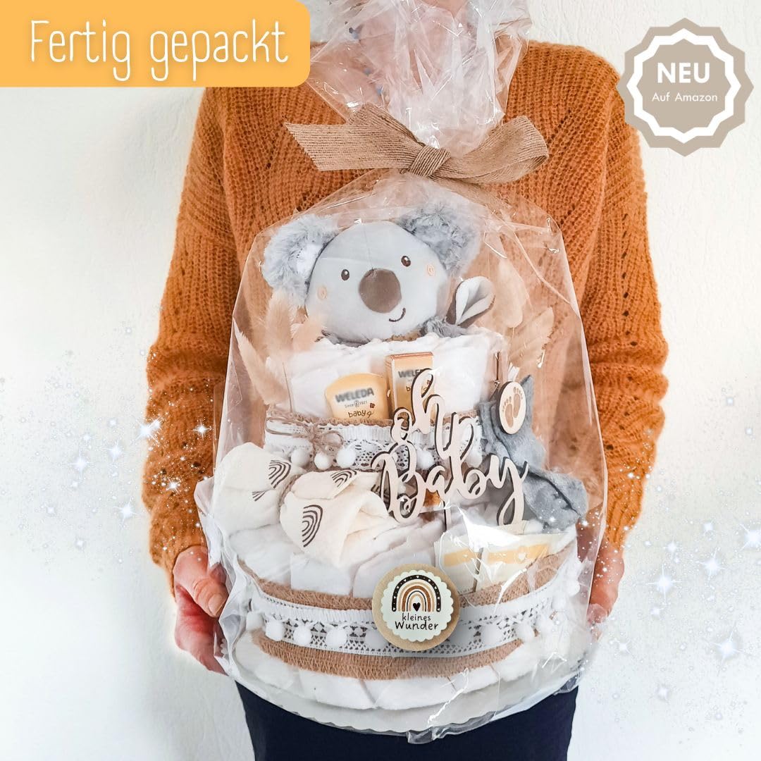 Torta di pannolini stile boho vintage | regalo per la nascita | Made in Germany | con panno per la cura di alta qualità, tè per neonati, calzini, panno e bellissimi accessori | regalo per bambini