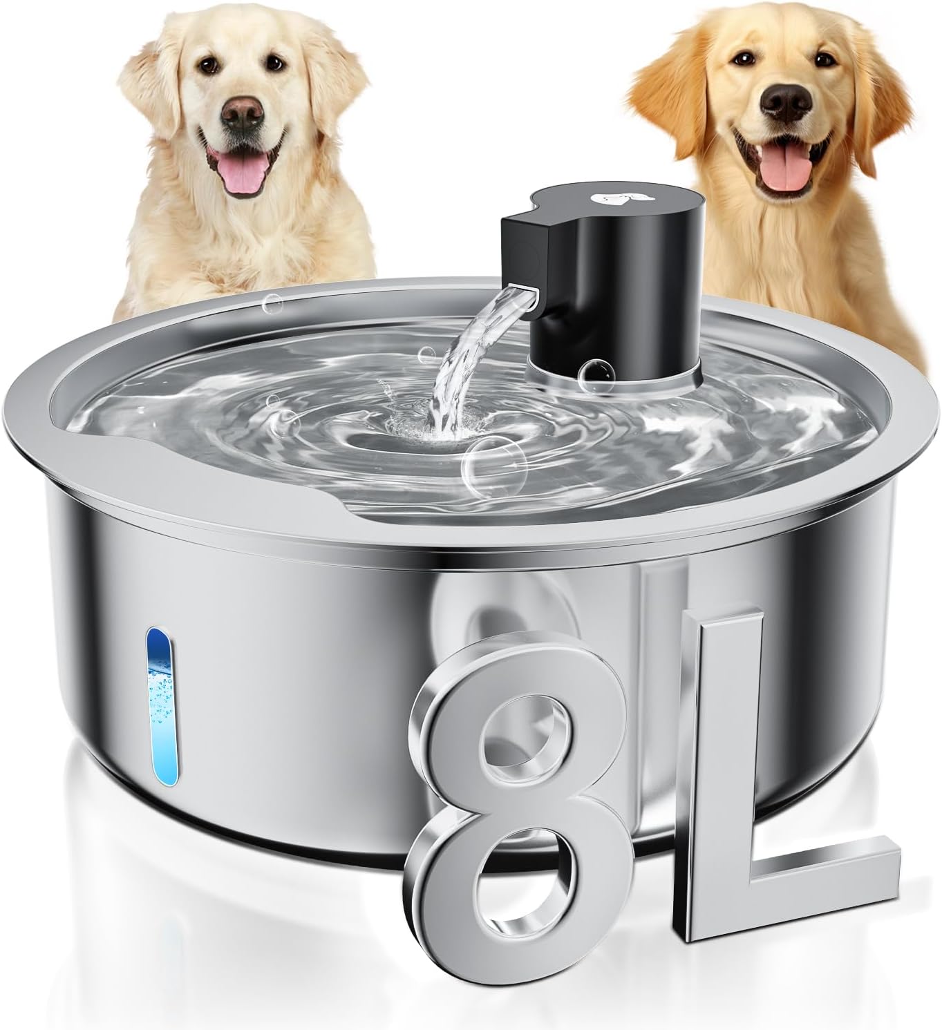 2.1Gal/8L/272oz Dog Water Fountain, Stainless Steel Pet Water Fountain for Large Dogs, Automatic Dog Water Dispenser with Ultra Quiet Pump, for Multiple Pets, Dogs, Cats Drinking Silver 8L