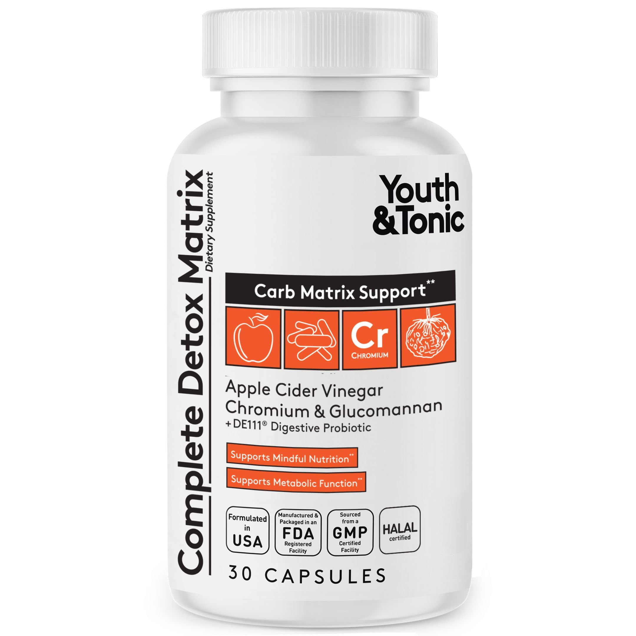 Youth & Tonic Balanced Detox Pills as Complete Gut Cleanse & Carb Matrix Support with ACV, Glucomannan, Chromium for Body Detoxing & Digestive Health, Supplement for Men & Women, Third-Party Tested