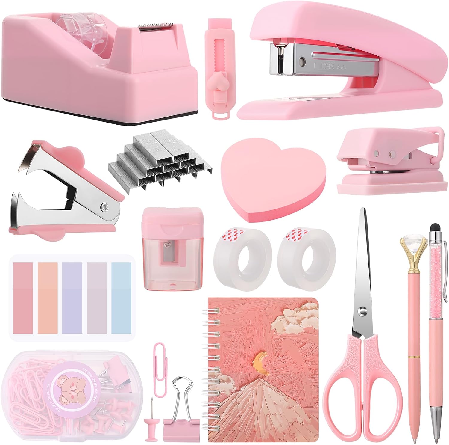 Schreibtischzubeh r Set B robedarf Set mit Hefter Heftklammerentferner Heftklammern Klebebandspender Clips Set Klebeband Haftnotizen Schere Locher Radiergummi Bleistift Stift