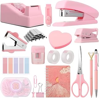 Desk Accessories Set, Office Supplies Set with Stapler, Staple Remover, Staples, Tape Dispenser, Clips Set, Tape, Sticky Notes, Scissor, Hole Punch, Eraser, Pencil, Pen, Sharpener, Notebook