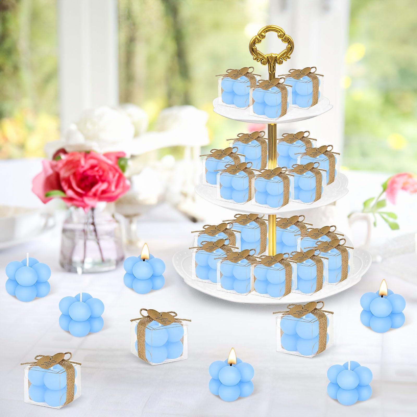 Lot de 30 Bougies Bulles Bleues avec Boîtes Cadeaux, Cartes de Remerciement et Ficelle de Jute - Mini Bougies Décoratives Cube pour Cadeau d'Invités Mariage, Baptême, Baby Shower Garçon - 4x3,5 cm