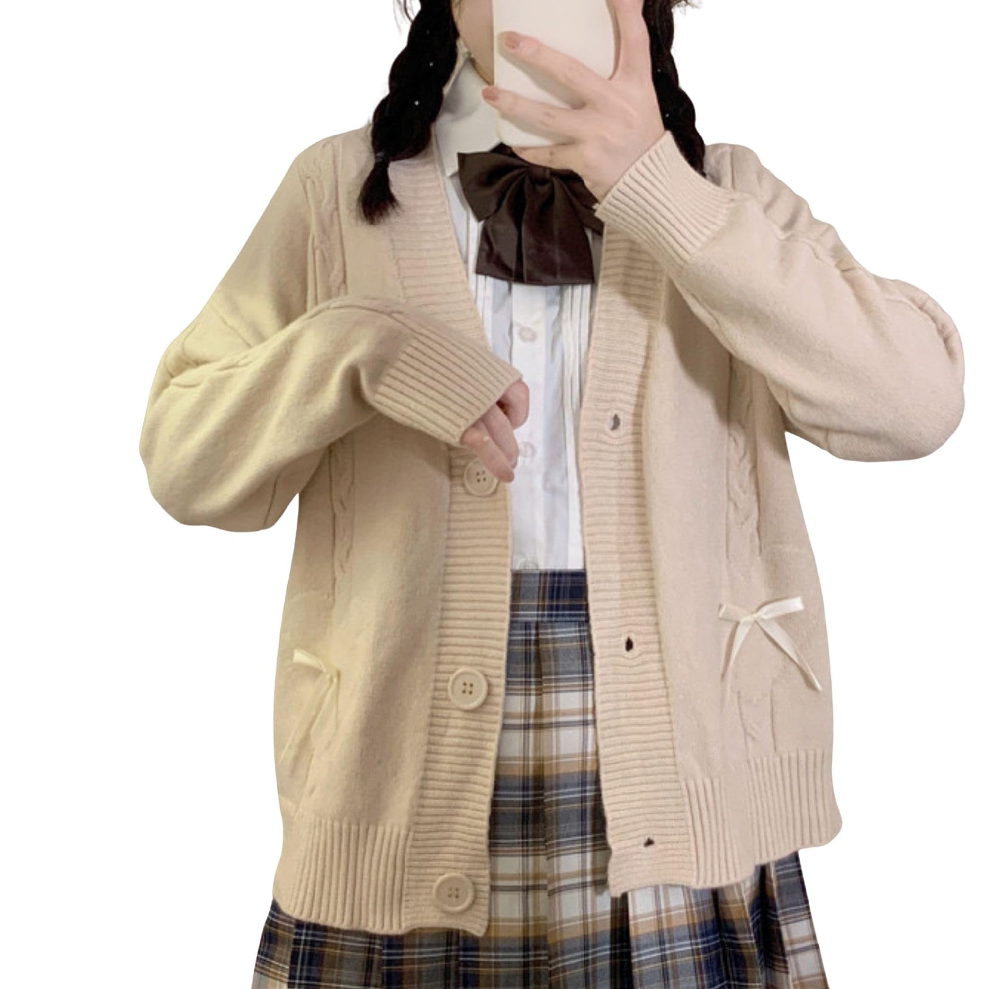 FindThyWomen’s Kawaii Clothes Long Sleeve Cute Cardigan Buttoned V Neck Heart Sweater with Bowknot