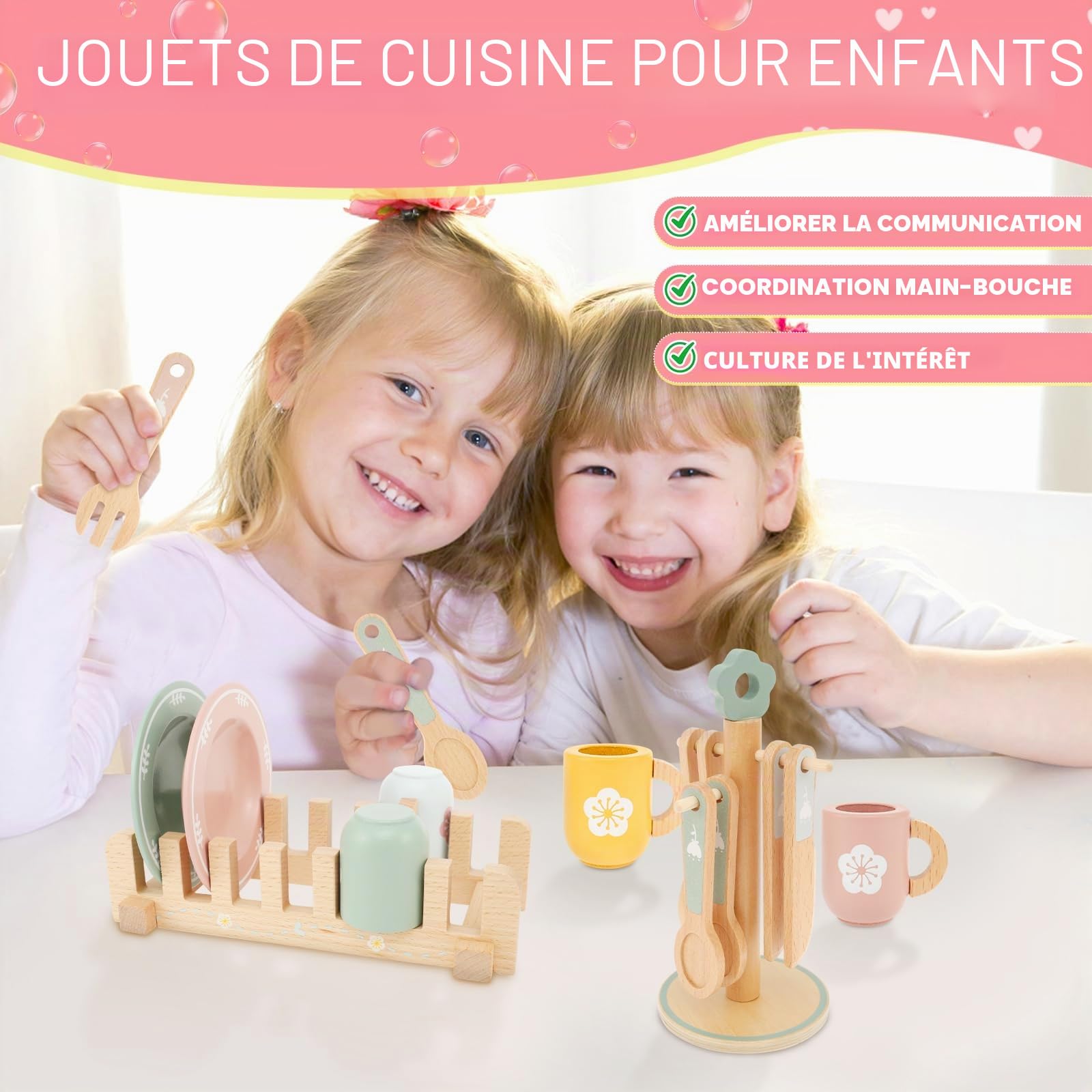 Set de cuisine pour enfants, jeux de cuisine bois, casseroles et plaques, 4 assiettes, 4 tasses, 4 couteaux, 4 fourchettes, 4 cuillères, support, convient aux garçons et filles, âge 3/4/5 ans