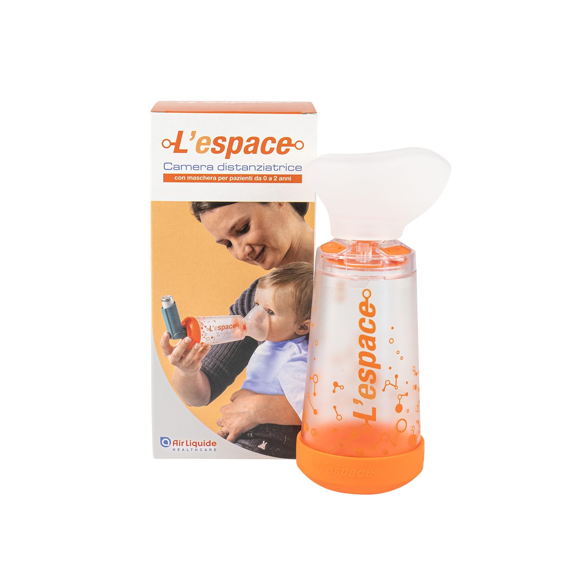 Air Liquide Healthcare, L'ESPACE, Camera Distanziatrice con Maschera Infant, per Neonati da 0 a 2 Anni, Distanziatore per Inalatori, Adatto al Trattamento dell'Asma, Compatibilità Universale