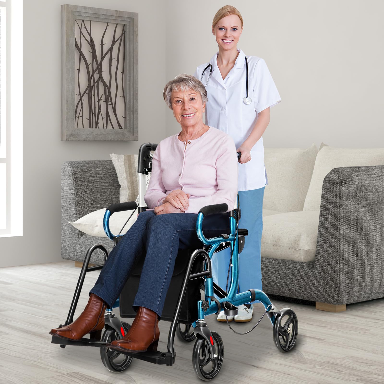 GOPLUS Andador 2 en 1 con Asiento, Ayuda para Caminar Plegable con Altura Ajustable, Respaldo Reversible, Bolsa de Almacenamiento, Silla de Transporte de Aluminio Ligero con Ruedas de 20,3 cm (Azul)