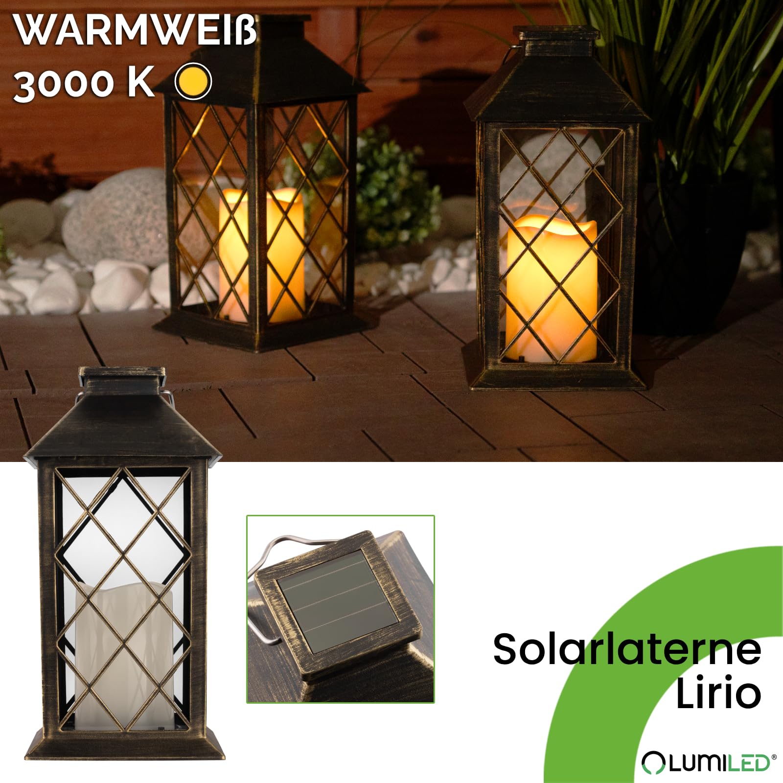 LUMILED 4x Set Solarlaterne Außen Solar Laternen Draußen LED Glas Laterne Solarleuchte Kerze Flammeneffekte Kerzenlaterne IP44 Vintage Patina Hängend Dekorative Außenleuchte Gartenlampe