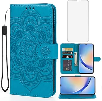 Case for Galaxy A34 5G Case, Samsung A34 5G SM-A346B Wallet Case with Tempered Glass Screen Protector, Leather Flip Credit Card Holder Stand Phone Cover Cases for Samsung Galaxy A34 5G Blue