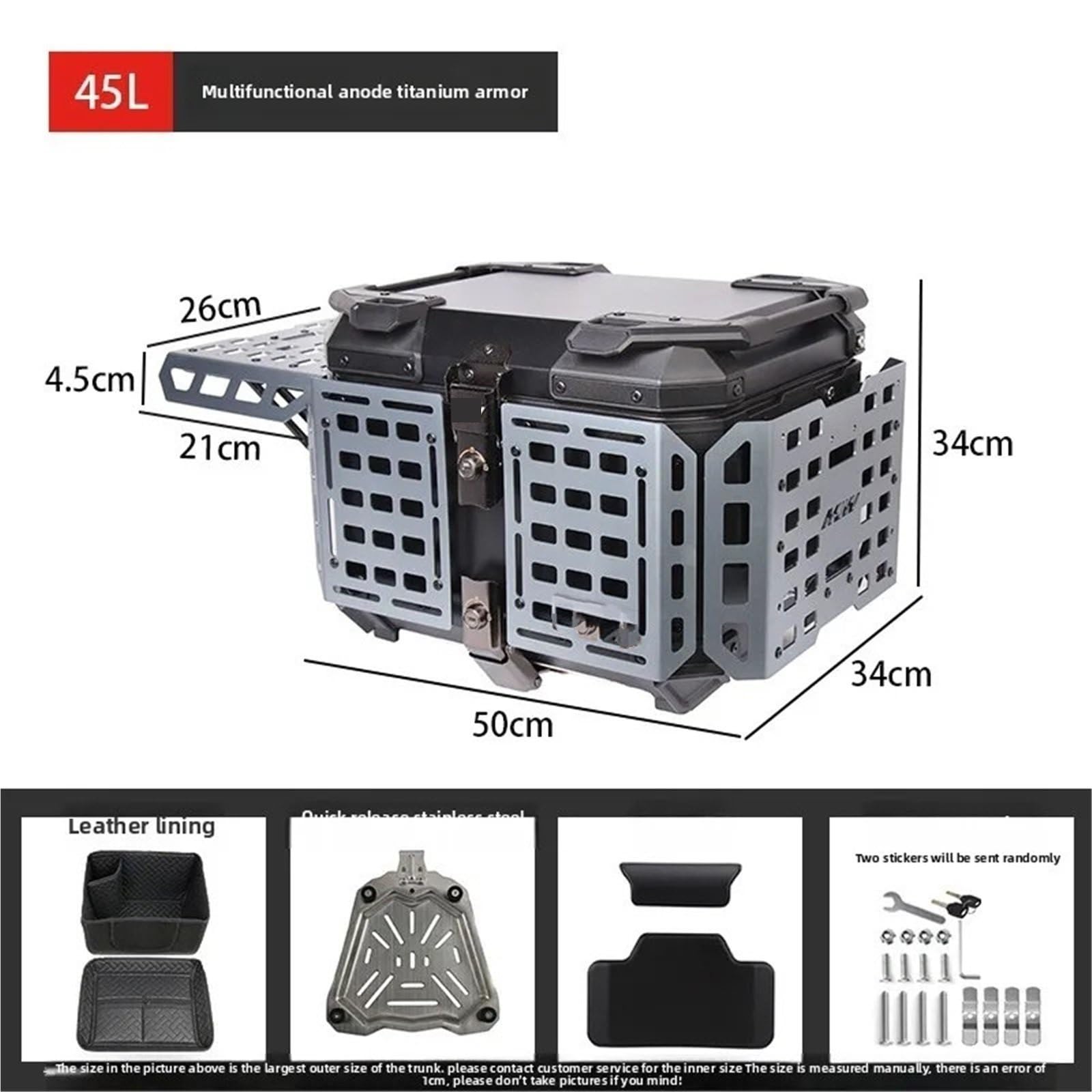 Motos Valise en pour Moto 45L en Alliage d'aluminium, hayon blindé Multifonctionnel argenté Portable avec Plaque inférieure, Coffre Noir pour Voiture électrique Top Case Moto(Titanium)