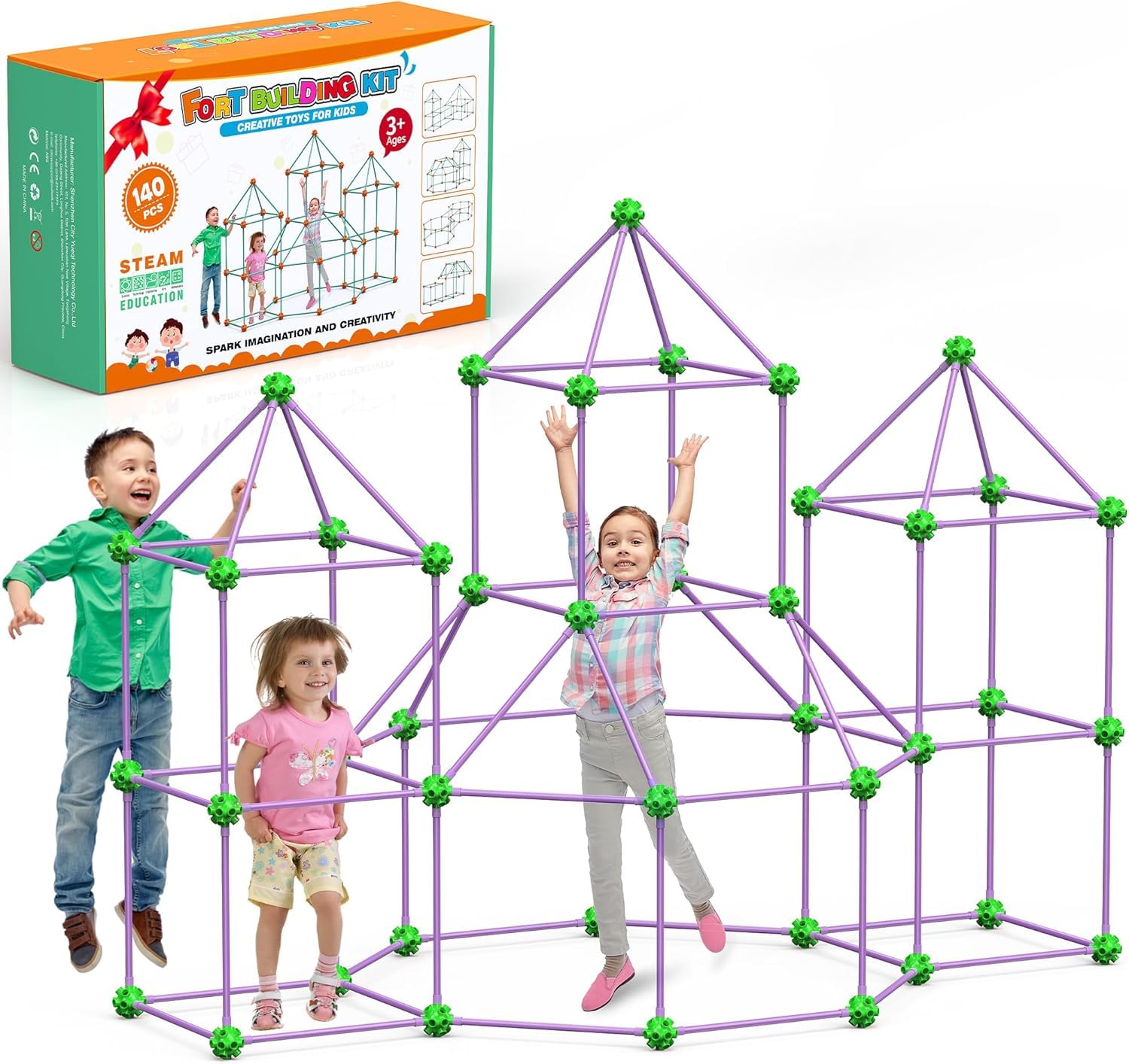 Kit de Construction Fort, Kids Fort Building Kits, DIY Puzzle Maison, 140Pcs Jouet Educatif, Bricolage Créatif Châteaux, Tente Cadeau Enfants Âge 5-10, Intérieur Tunnel Jouer(Tissu Non Inclus)-Violet