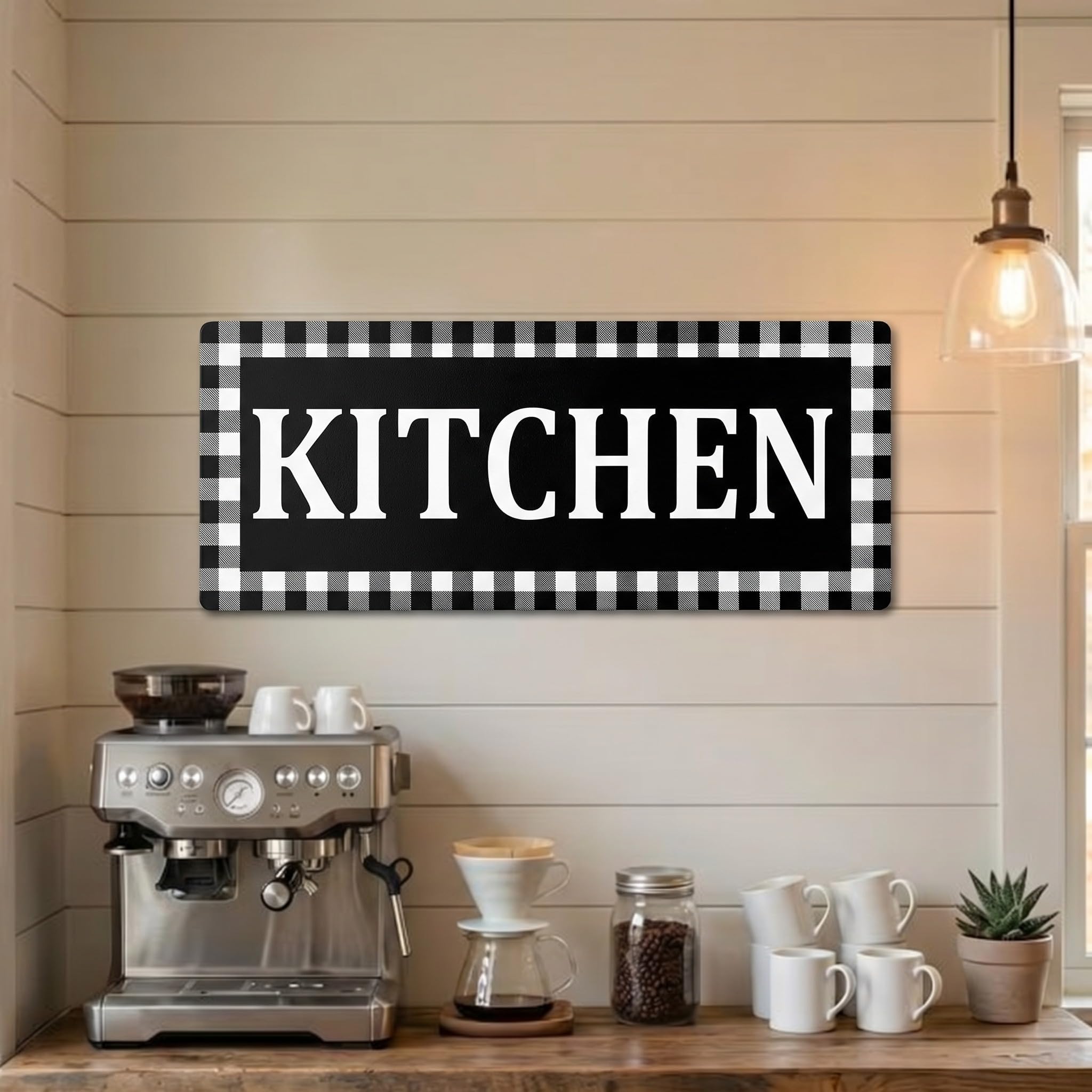 Kitchen Sign Buffalo Plaid Wooden Black and White Wall Decor 13.8" x 5.1" Rustic Checkered Wall Sign Vintage Farmhouse Kitchen Decor for Home Pantry Dining Room Restaurant Coffee Shop