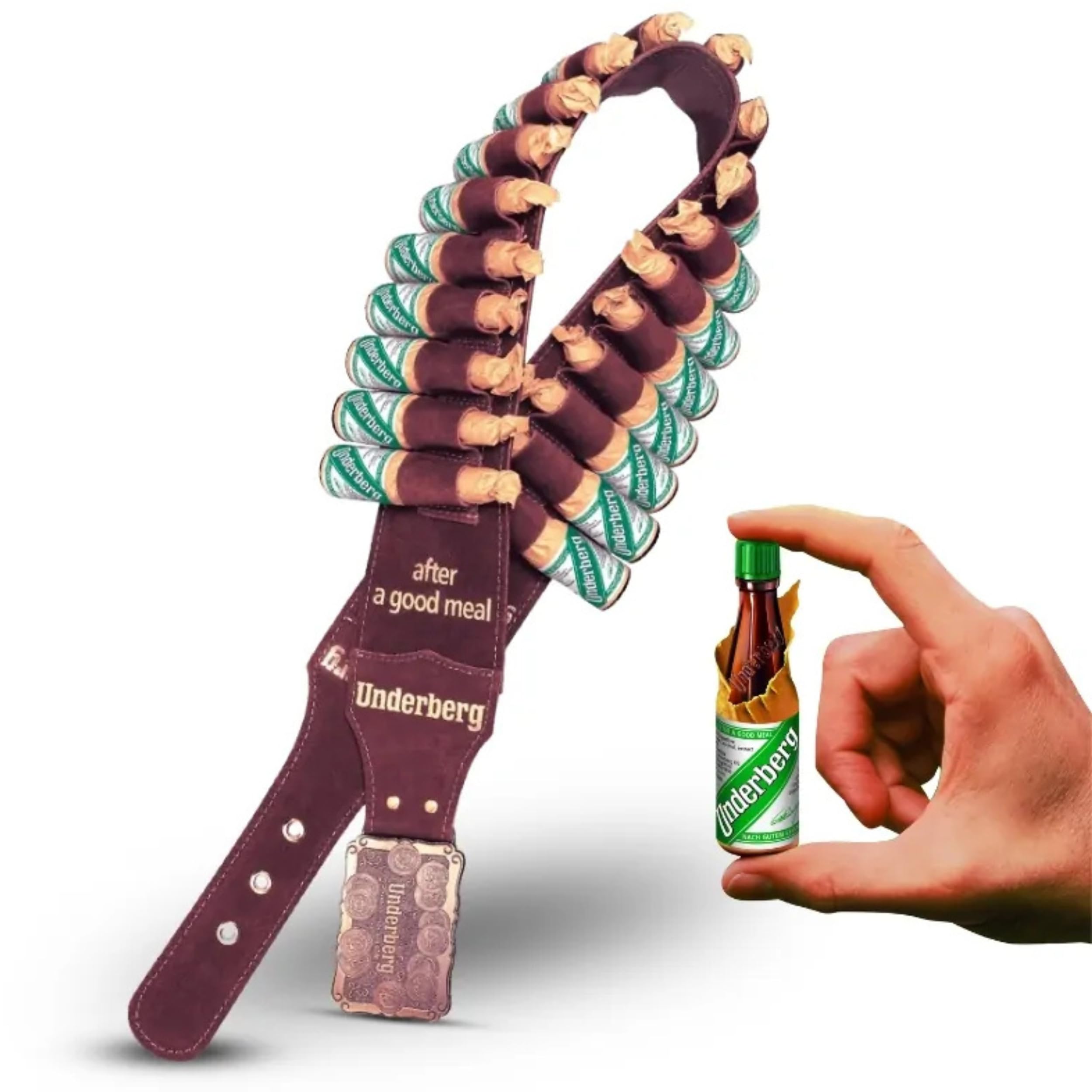 Liquore Amaro Underberg - Cintura in Pelle Originale Underberg con 24 Bottigliette Mignon da 2cl Vol. 44% - Liquore Digestivo alle Erbe - Set da Collezione