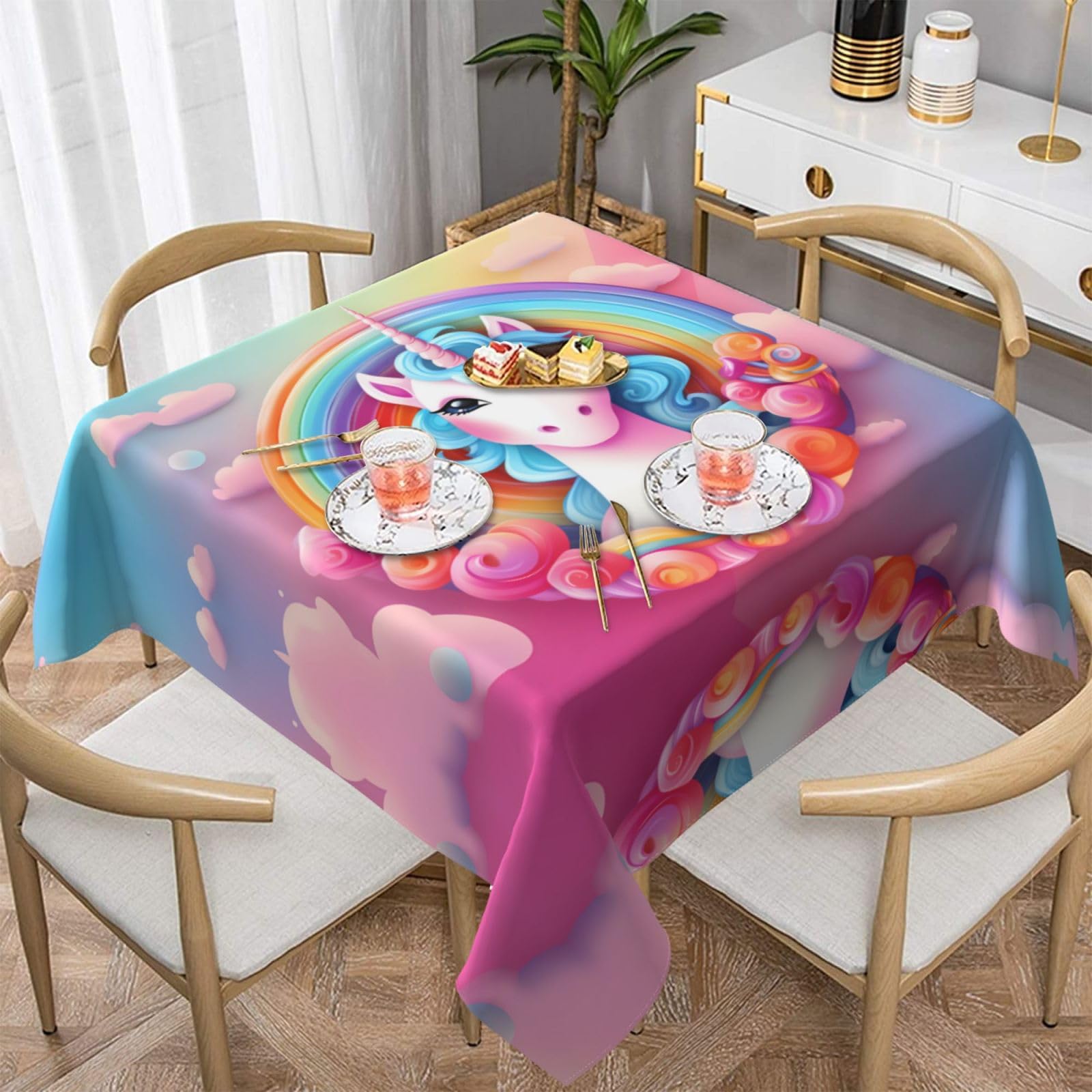 WZYWHJ Square Decorative Tablecloth 60"x60" tablecloths Coffee Table Cloths Washable and Reusable Rainbow Unicorn Printed
