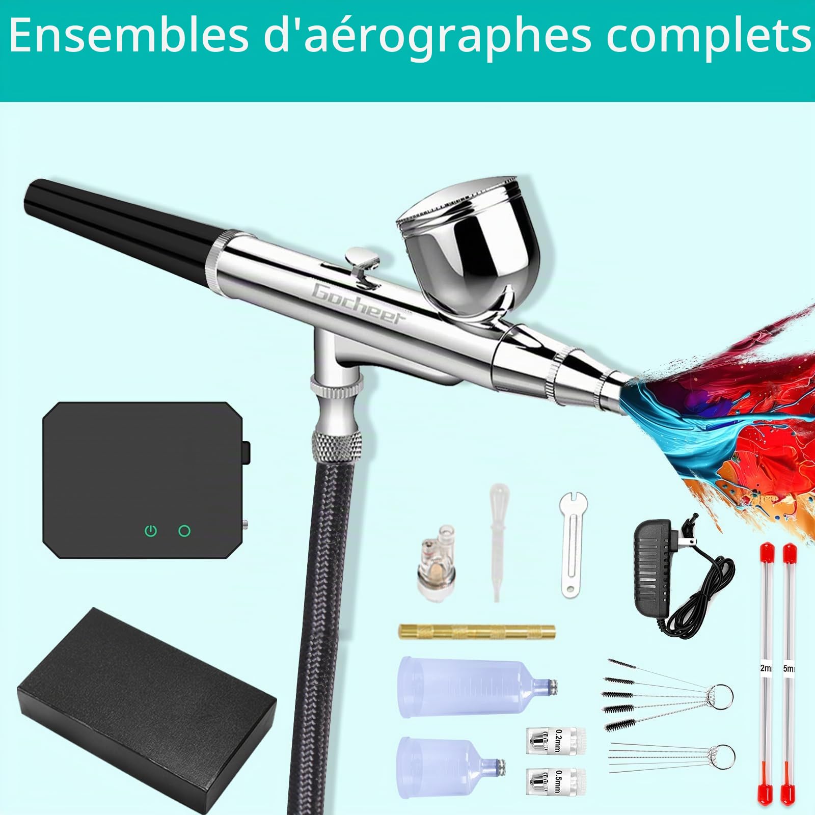 Gocheer Upgrade Aerographe Kit Complet - 40 PSI Double Action, 3 Modes avec Buse de 0,2/0,3/0,5 mm, Portable avec 16 Accessoires, pour Loisirs Créatifs, Nail Art, Tatouages, Noir
