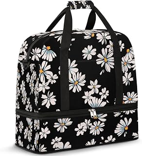 Travel Duffle Bags With Shoes Compartment for Women Men Daisy Flower Floral Black Lightweigh Sports Tote Gym Bag Foldable Canvas Weekender Overnight Carry On Luggage Handle Bag