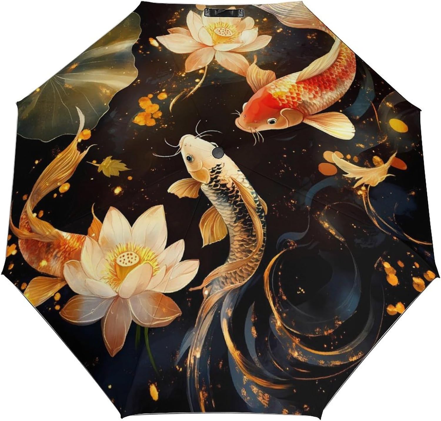 Japanese Fish in Lotues Travel Umbrella Windproof 3 Folding Compact Umbrella Auto Open Close