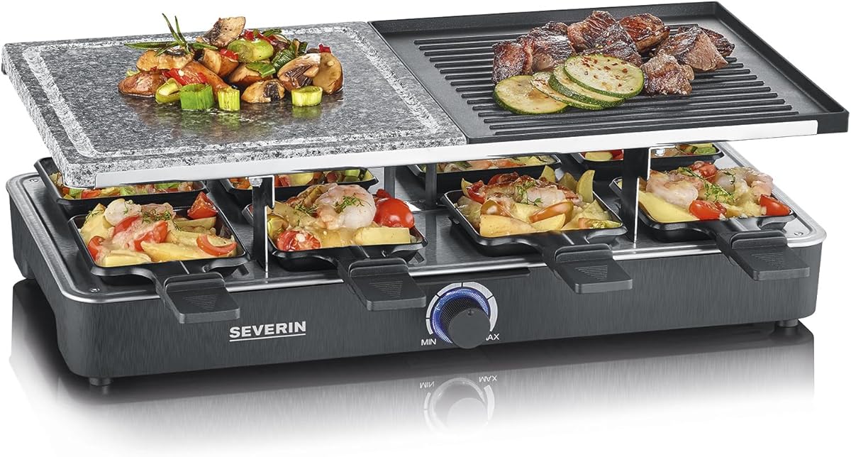 SEVERIN Raclette-Grill mit Naturgrillstein und Grillplatte, Raclette mit antihaftbeschichteter Grillplatte und 8 Pfännchen, Tischgrill für 8 Personen, max. 1300 W, schwarz, RG 2371
