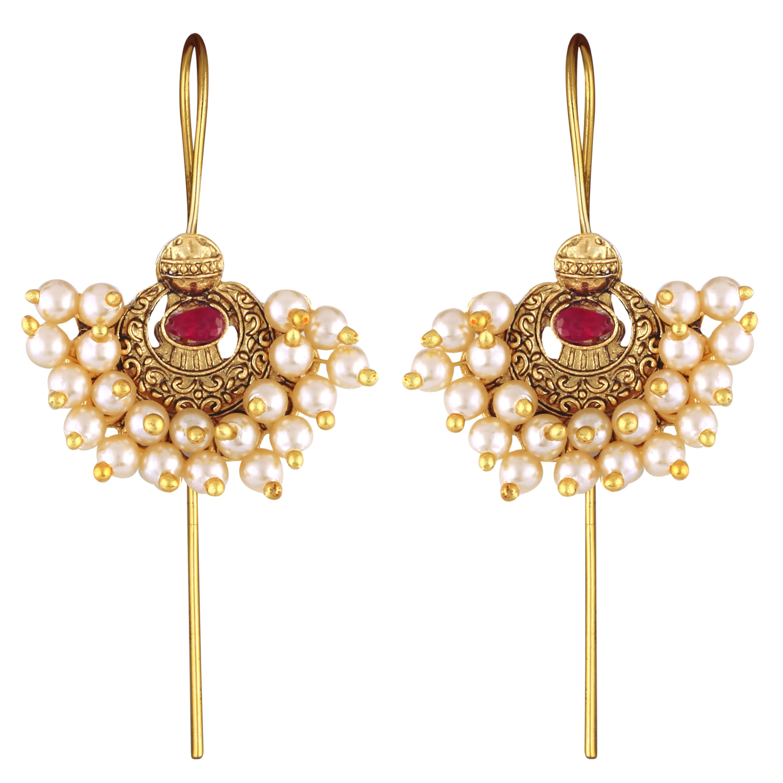 Vivastri"s Premium & Unique White Pearl Beaded Alloy Made Gold Plated Peackock Styled Red CZ Stone Centered Ear Cuff For Women & Girls -VIVA2645ERG-RED-image-13