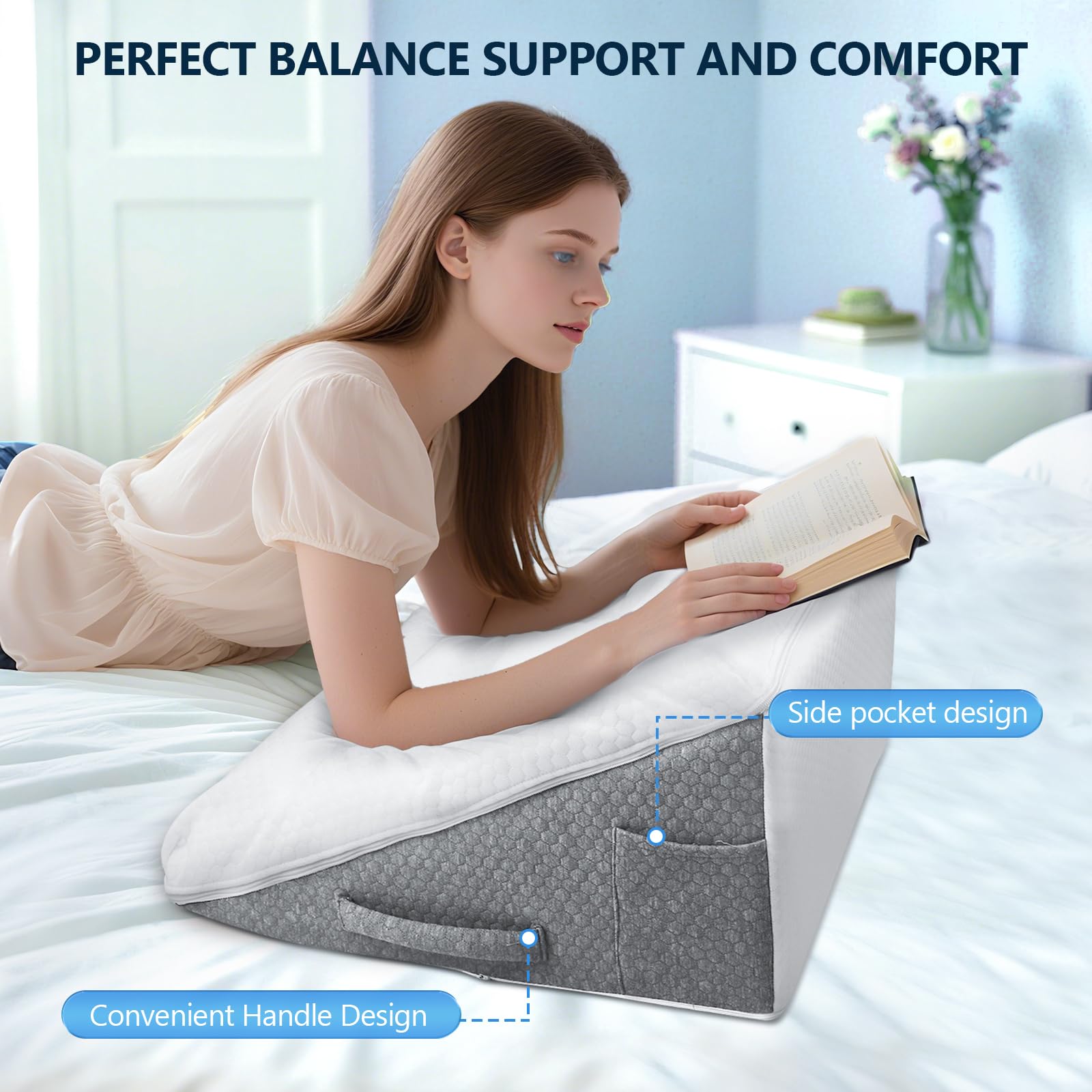 Cuscino a Cuneo per Letto, Cuscino Antireflusso, Cuscino Triangolare Memory Foam, Cuneo Ergonomico per Letto per Apnea Notturna da Reflusso, Cuscino da Lettura per la Schiena, 55 x 55 x 25 cm