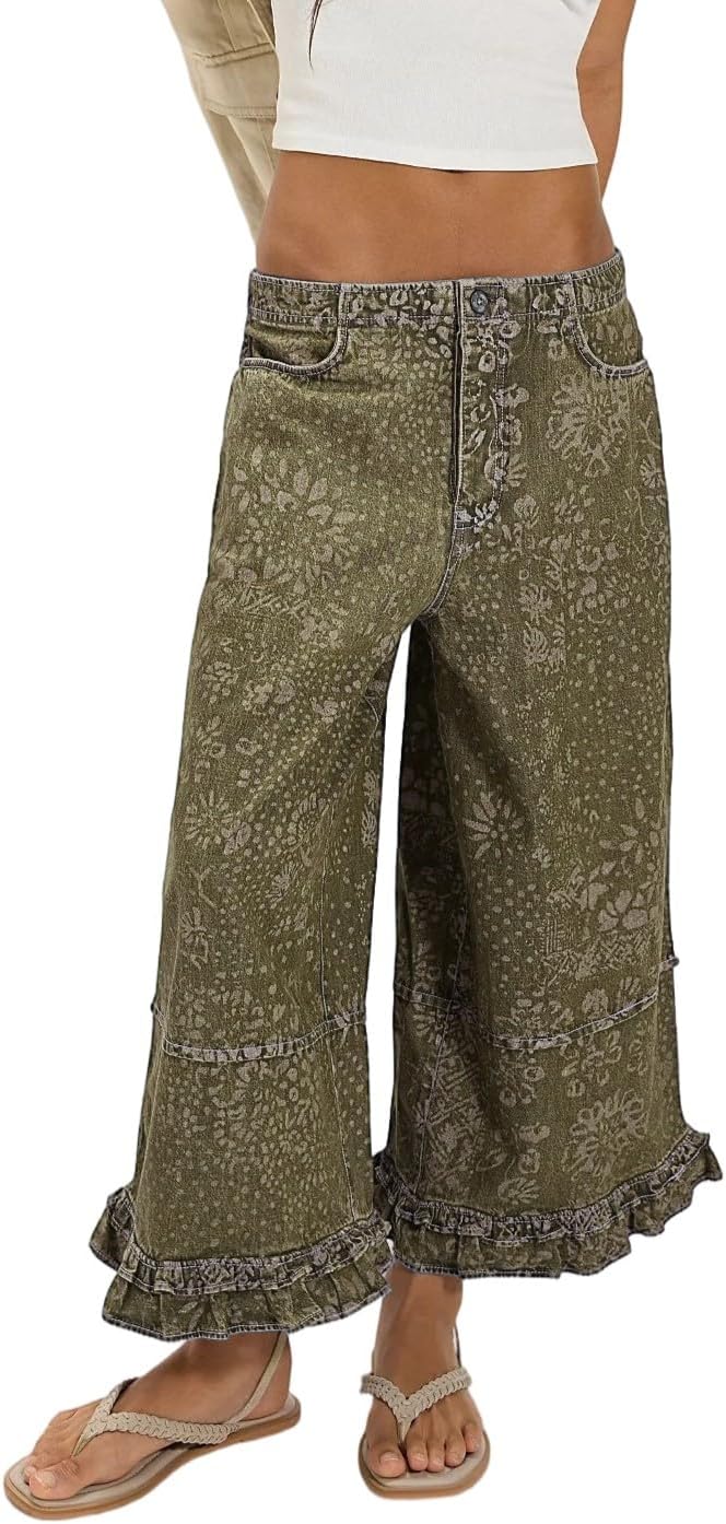CHARTOU Women Floral Boho Wide Leg Denim Pants Back Elastic Waist Ruffle Hem Baggy Casual Cropped Jeans