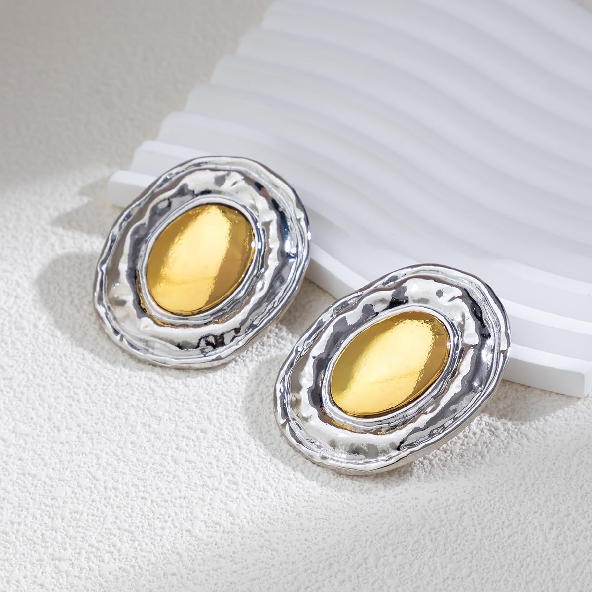 Jumwrit Dainty Chunky Earrings Statement Textured Thick Geometry Round Oval Stud Earrings Fashion Large Earrings Jewelry for Women Girls Silver image 3 of 5 B0CNSYM8BK