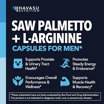 Saw Palmetto and L-Arginine for Men Capsules for Men's Health, 30 Servings | Vegan, Non-GMO Prostate Health Supplements for Men and Nitric Oxide Support, Urinary Tract Function and Endurance Support